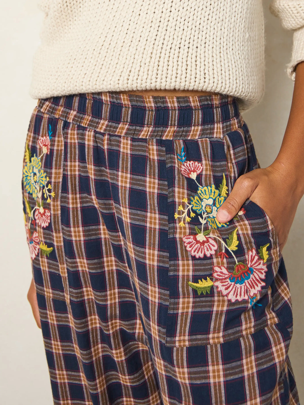 Beckett Embroidered Cotton Flannel Pants - Navy Caramel Plaid