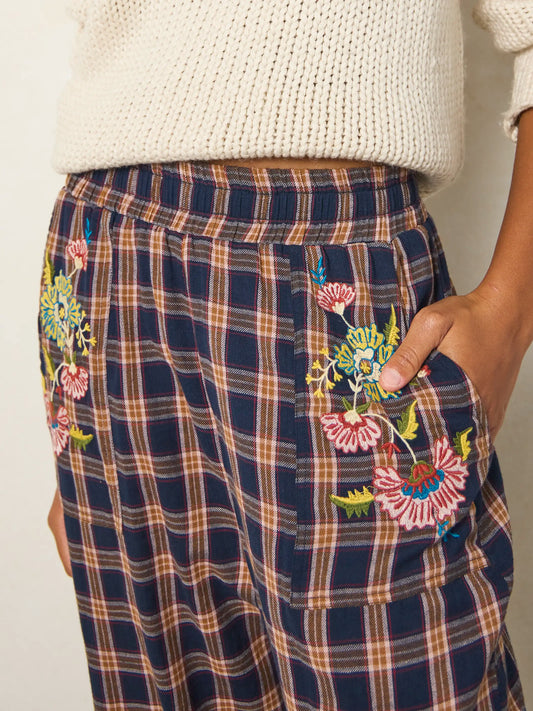 Beckett Embroidered Cotton Flannel Pants - Navy Caramel Plaid