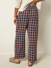 Beckett Embroidered Cotton Flannel Pants - Navy Caramel Plaid