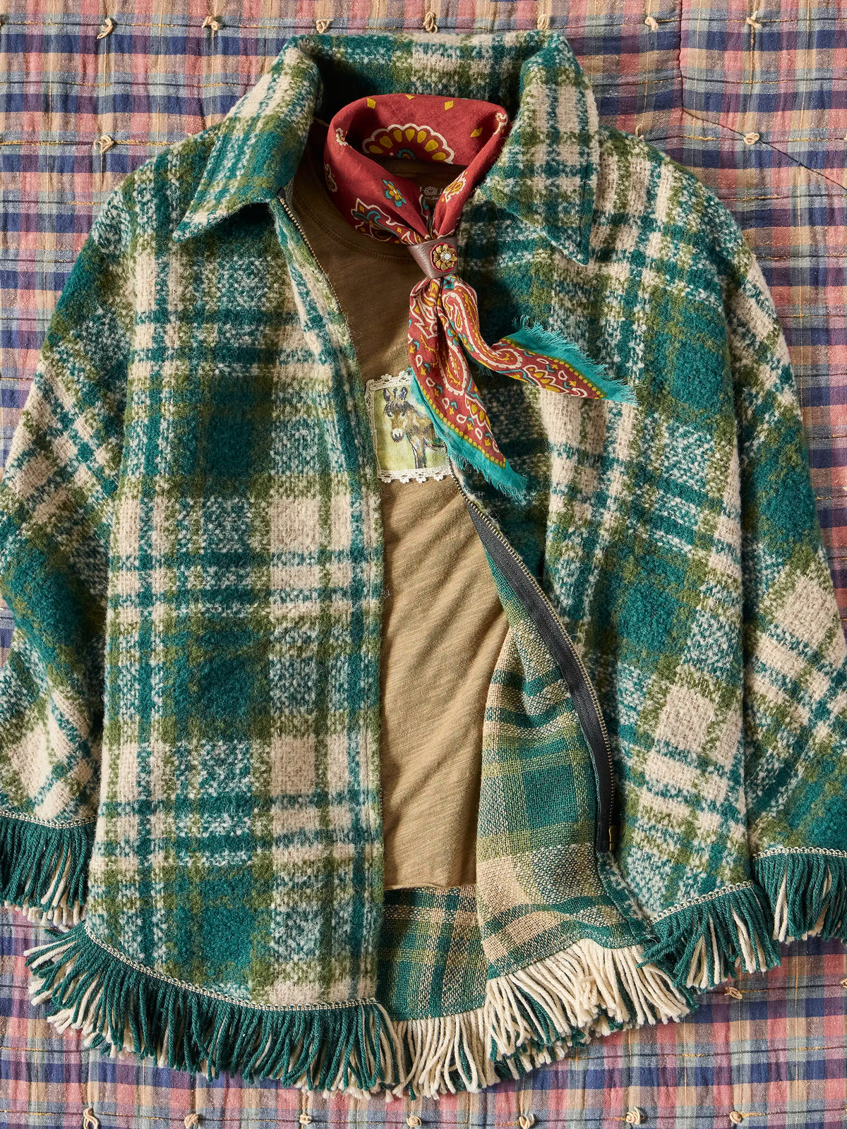 Palomino Poncho - Green Cream Plaid