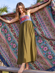 Tricia Embroidered Maxi Dress - Olive Polka Dot
