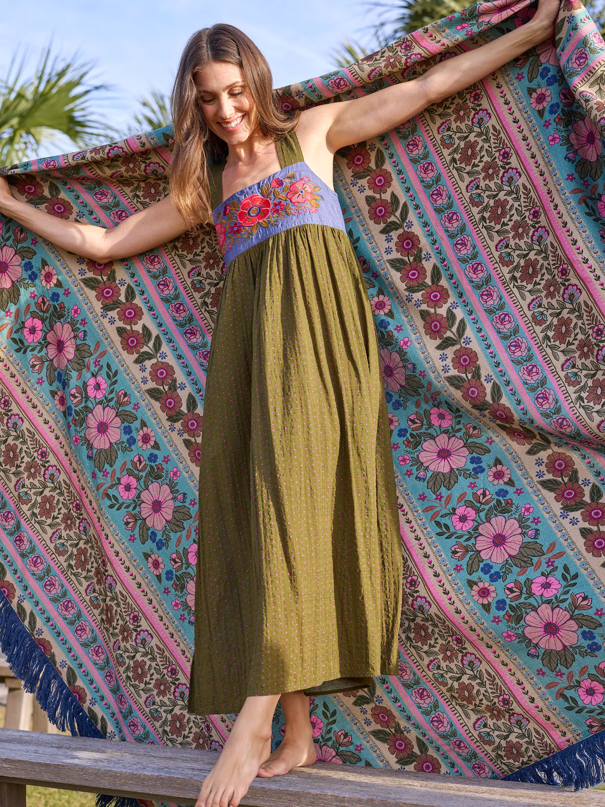 Tricia Embroidered Maxi Dress - Olive Polka Dot