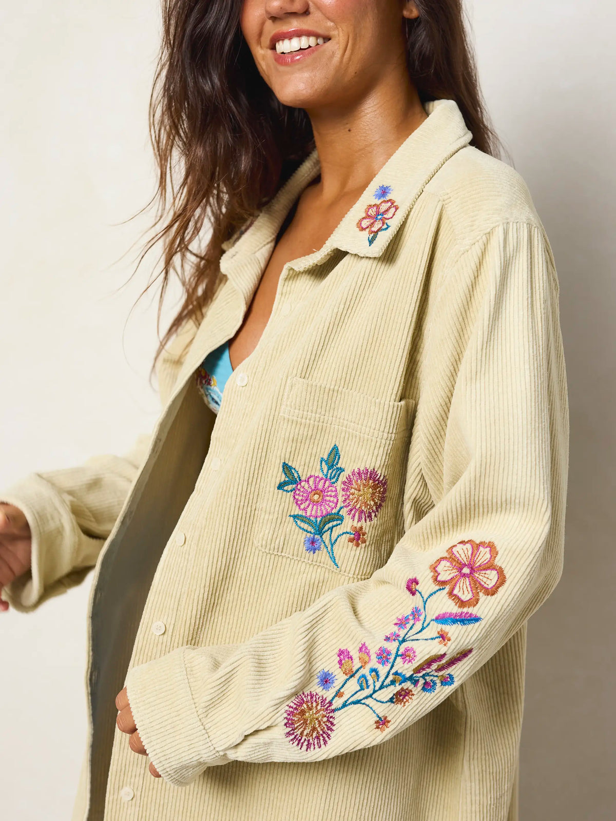 Cutest Embroidered Corduroy Shirt - Cream Floral