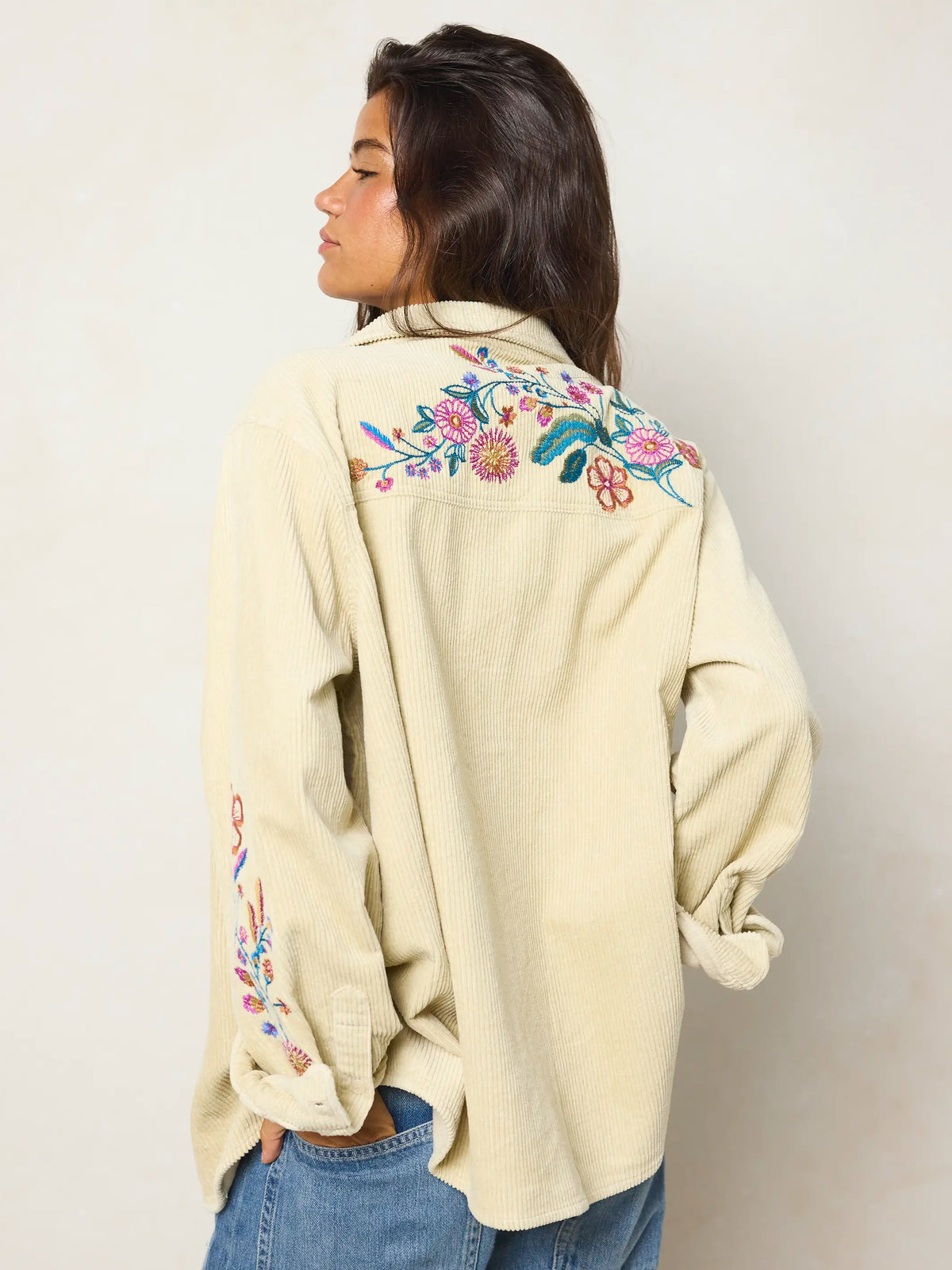 Cutest Embroidered Corduroy Shirt - Cream Floral