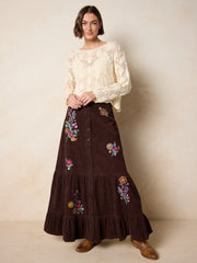 Free Fallin' Embroidered Corduroy Maxi Skirt - Brown Rainbow Blooms