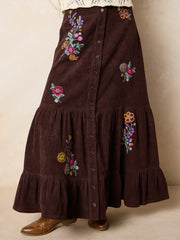 Free Fallin' Embroidered Corduroy Maxi Skirt - Brown Rainbow Blooms