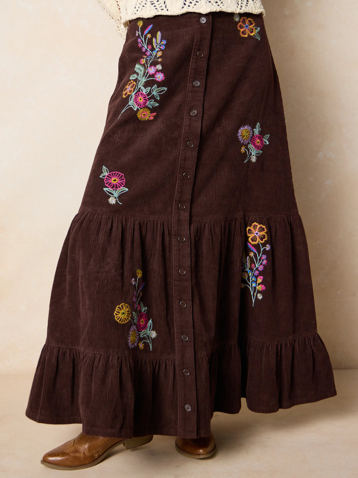 Free Fallin' Embroidered Corduroy Maxi Skirt - Brown Rainbow Blooms