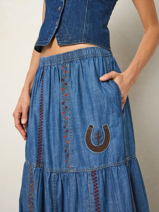 Abilene Embroidered Cotton Maxi Skirt - Denim
