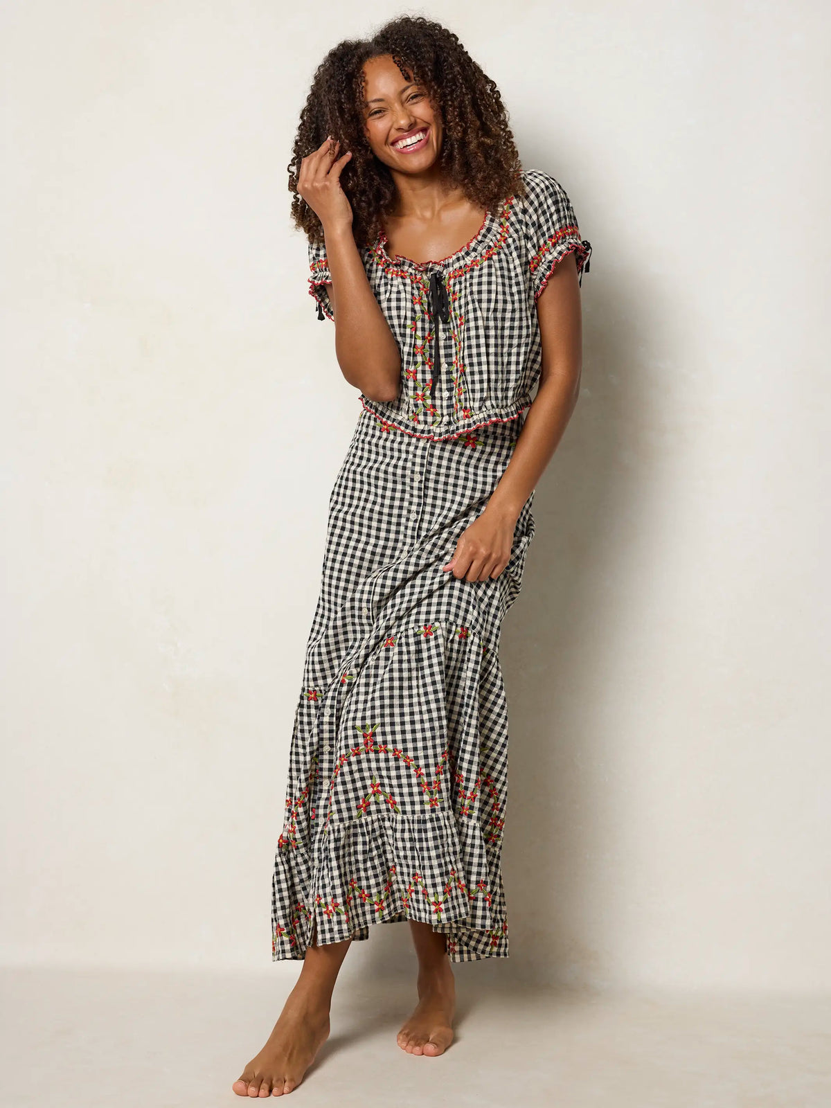 Cosi Embroidered Cotton Top - Black Gingham