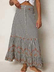 Free Fallin' Embroidered Cotton Maxi Skirt - Black Gingham