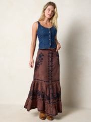 Free Fallin' Embroidered Cotton Maxi Skirt - Rust Gingham