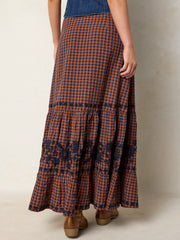 Free Fallin' Embroidered Cotton Maxi Skirt - Rust Gingham