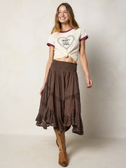 Pretty In Lace Cotton Midi Skirt - Brown