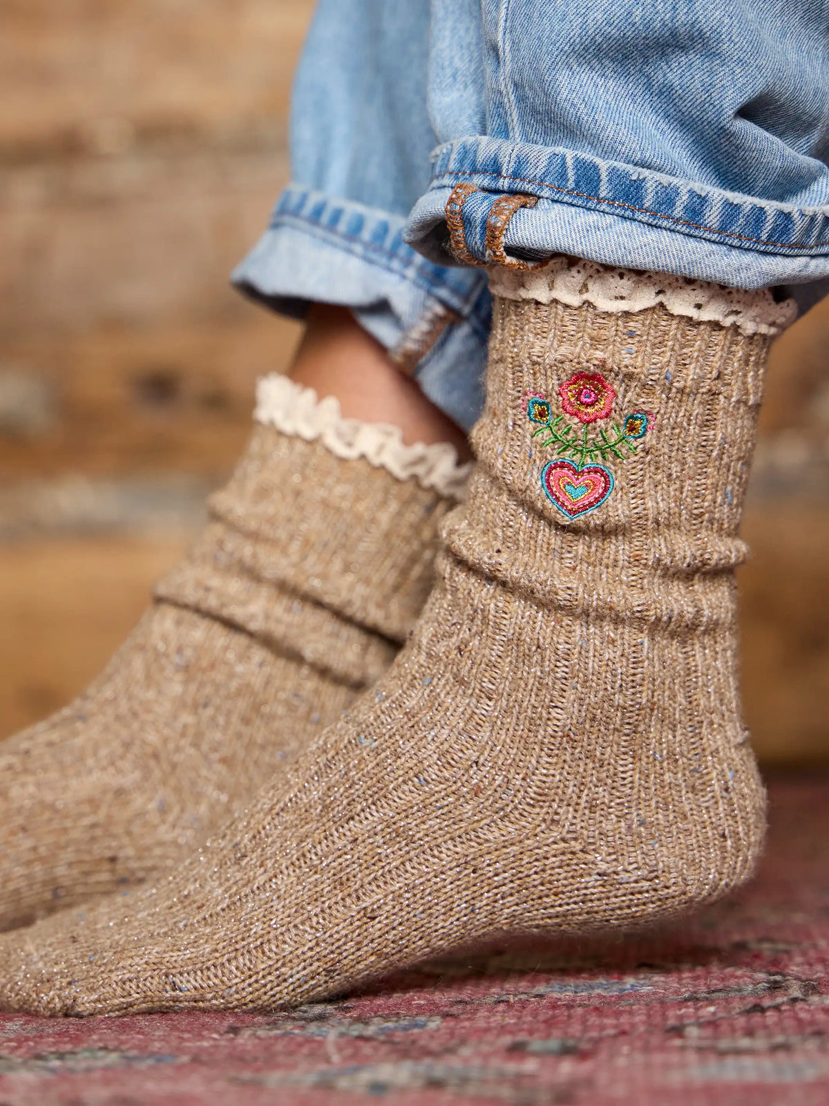 Little Things Embroidered Socks - Folk Flower