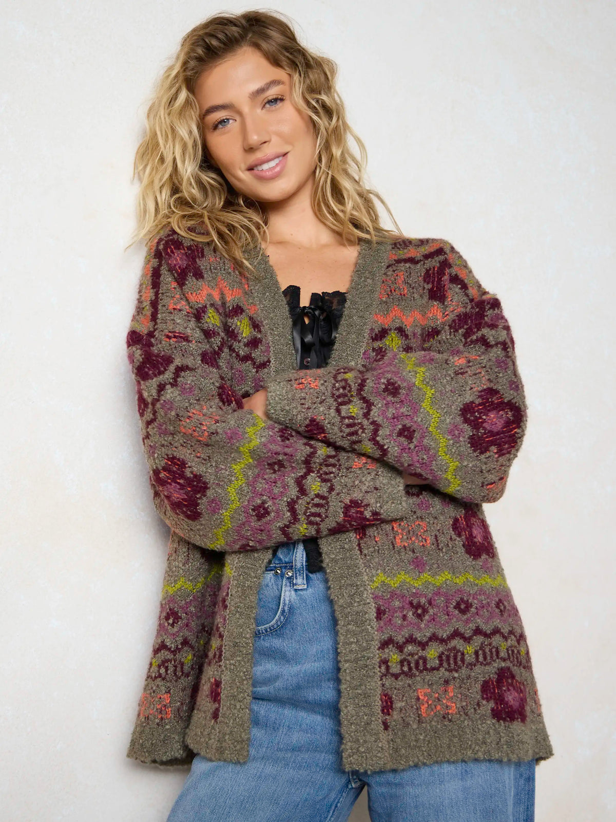 Calla Jacquard Cardigan Sweater - Festive Fairisle Grey