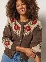 Jacquard Button Front Cardigan Sweater - Espresso Rose