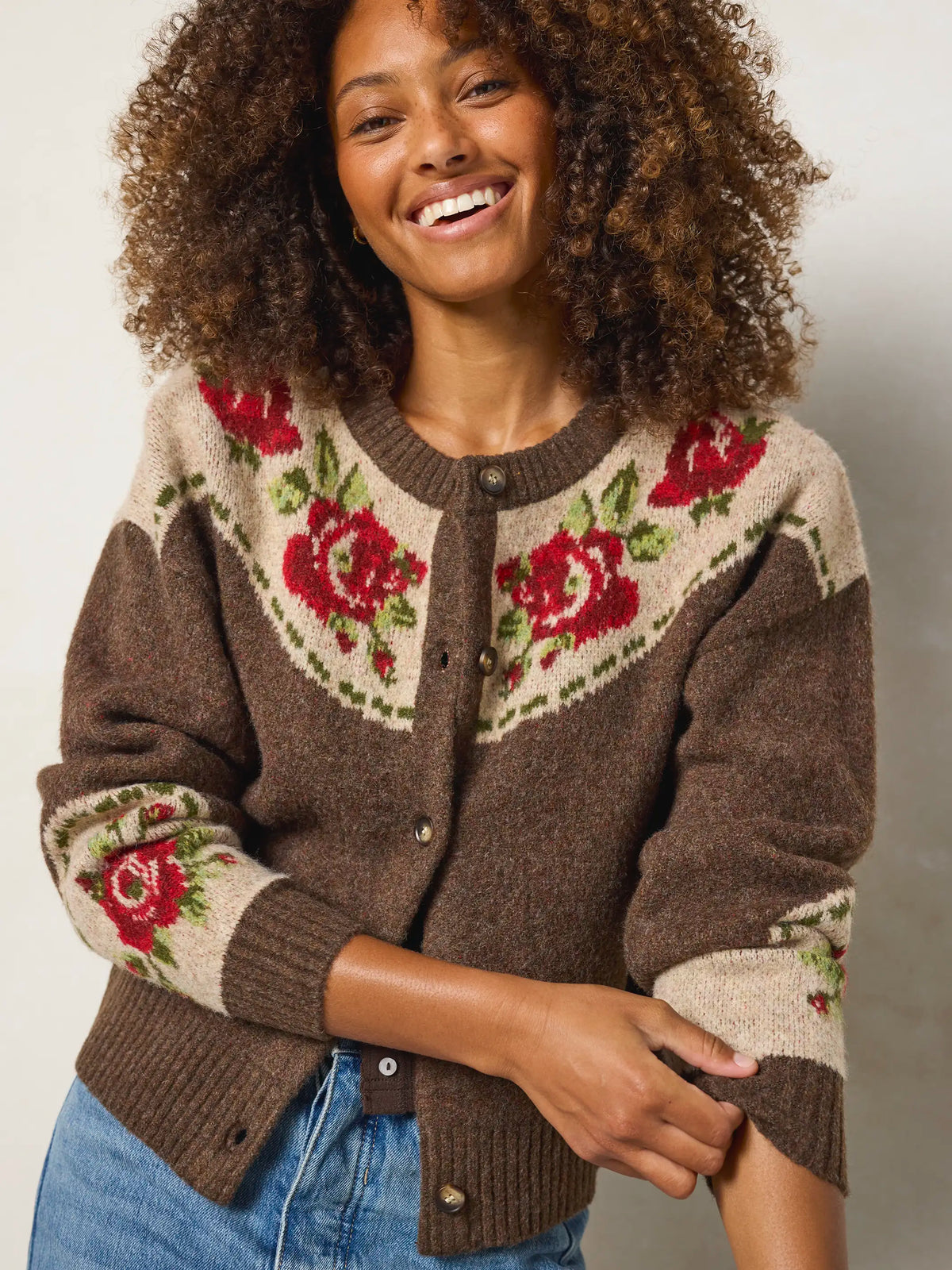 Jacquard Button Front Cardigan Sweater - Espresso Rose