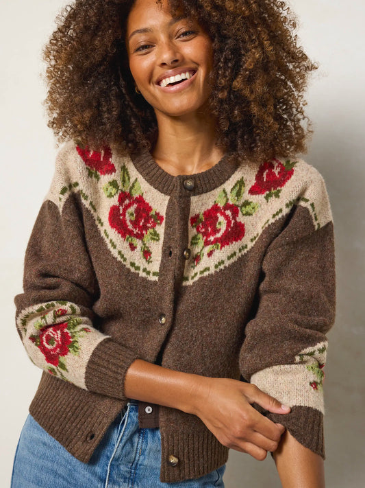 Jacquard Button Front Cardigan Sweater - Espresso Rose