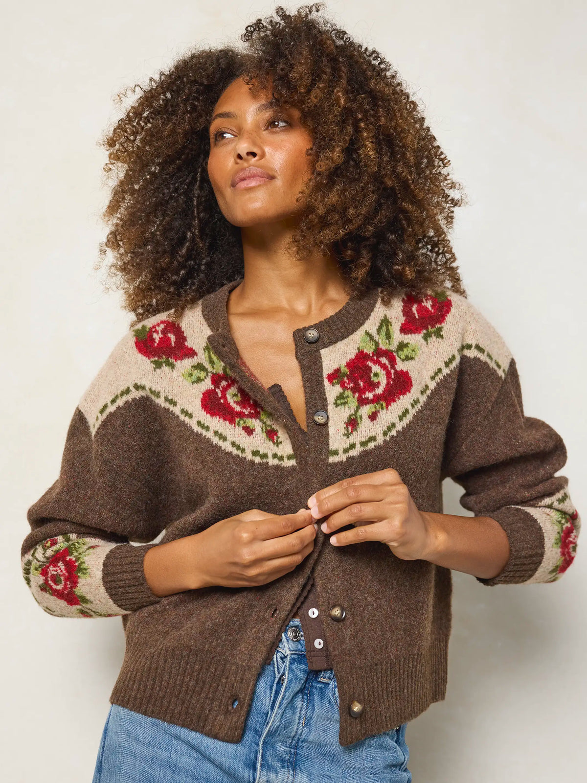 Jacquard Button Front Cardigan Sweater - Espresso Rose