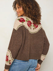 Jacquard Button Front Cardigan Sweater - Espresso Rose