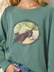 Old School Cotton Sweatshirt - Evergreen Donkeys