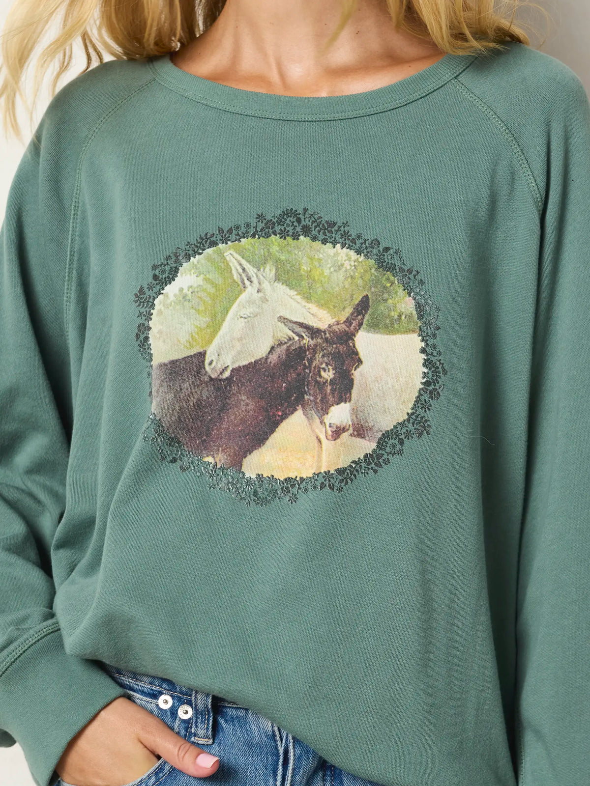 Old School Cotton Sweatshirt - Evergreen Donkeys
