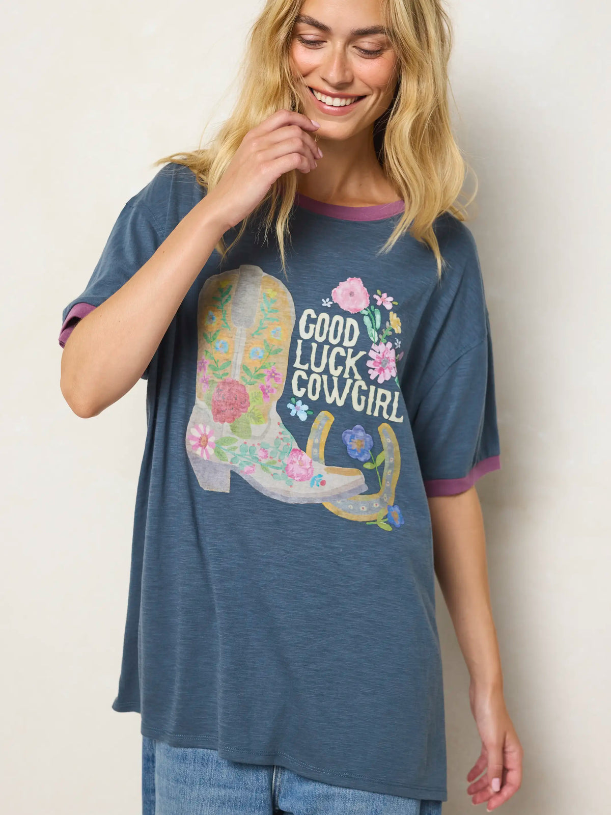 Ringer Oversized Tee Shirt - Good Luck Cowgirl