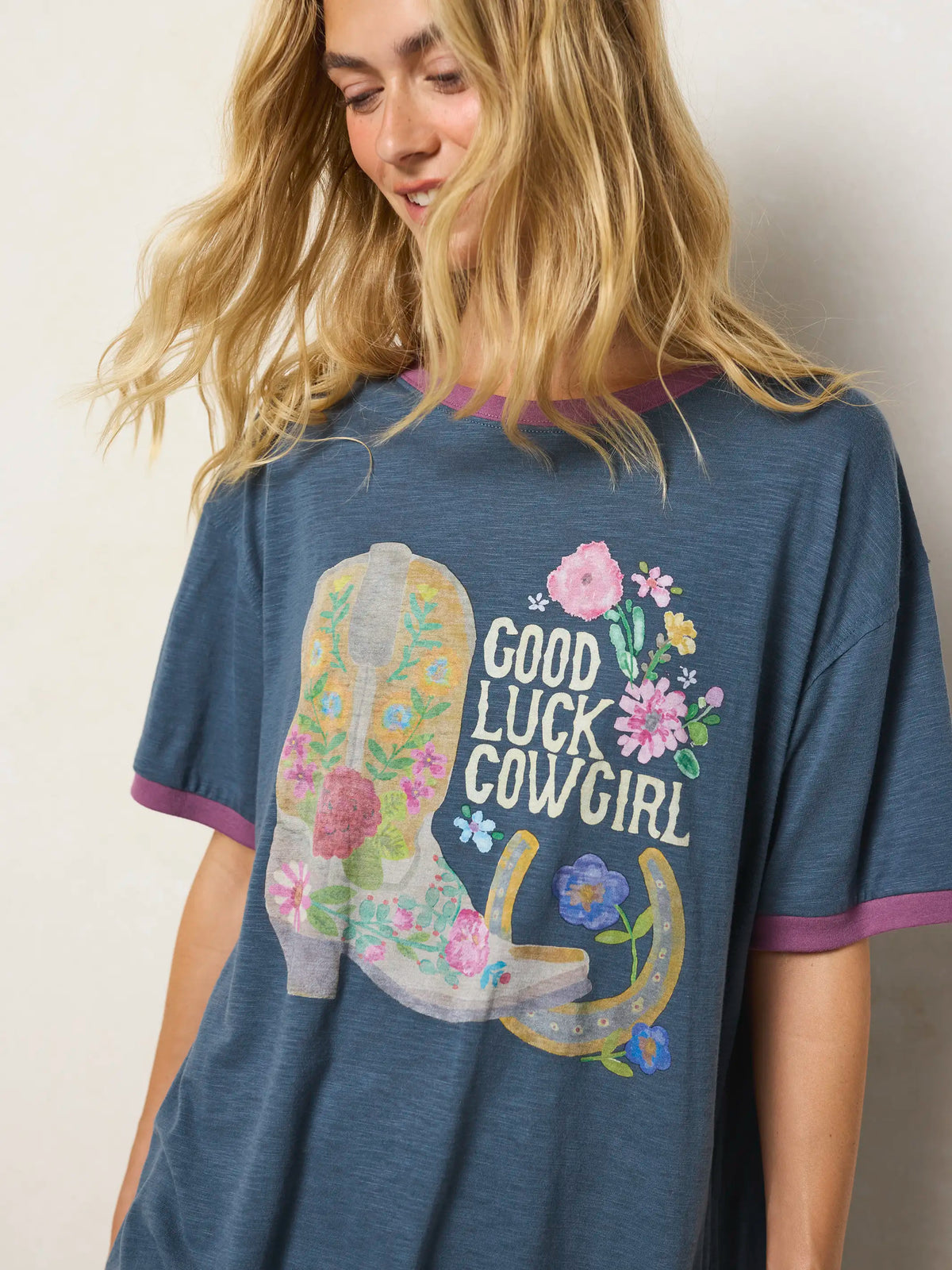 Ringer Oversized Tee Shirt - Good Luck Cowgirl