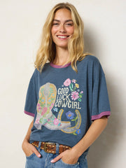 Ringer Oversized Tee Shirt - Good Luck Cowgirl