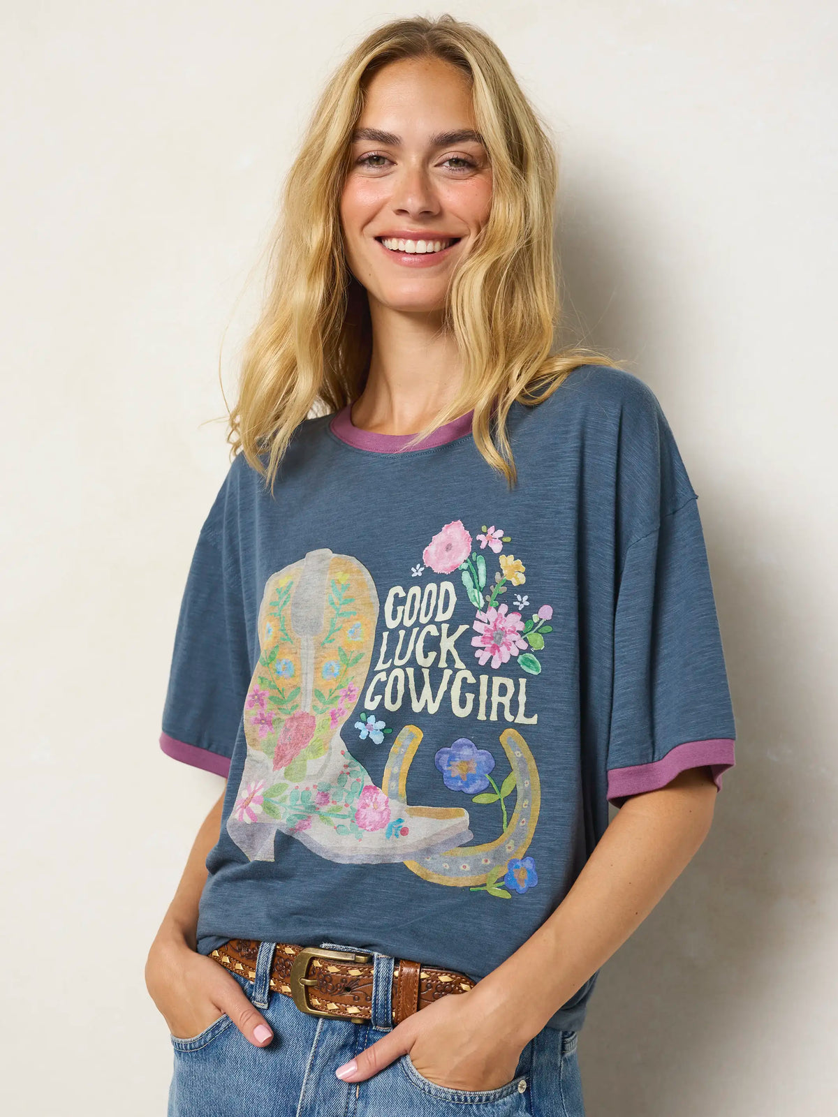 Ringer Oversized Tee Shirt - Good Luck Cowgirl