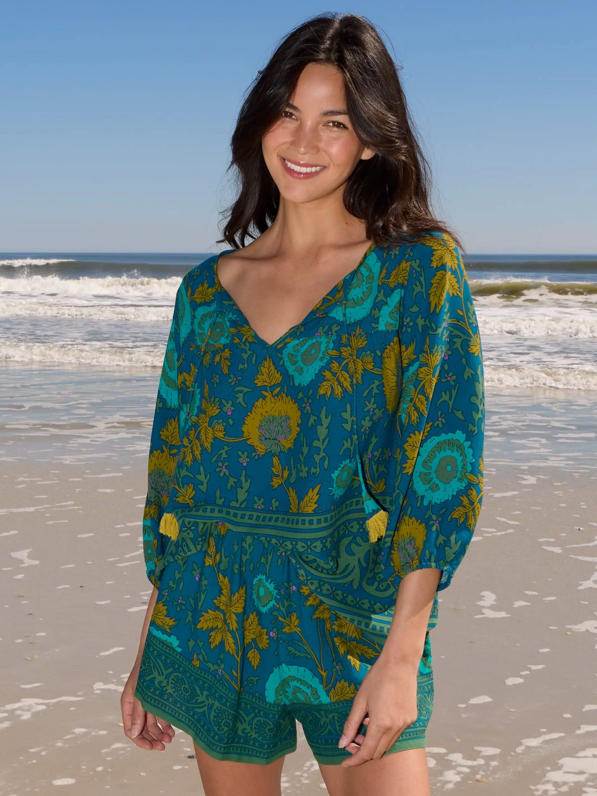 Maribel Top - Teal Sage Border