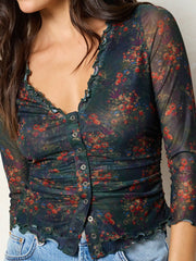 Florence Mesh Top - Navy Red Feathers