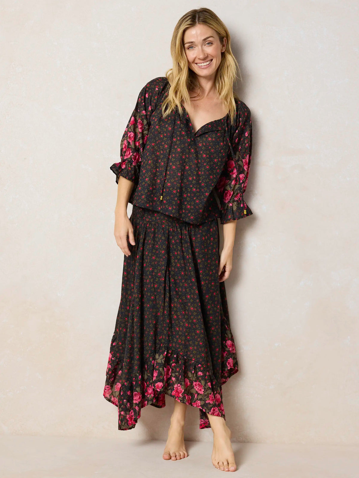 Magnolia Cotton Top - Black Fuchsia Floral