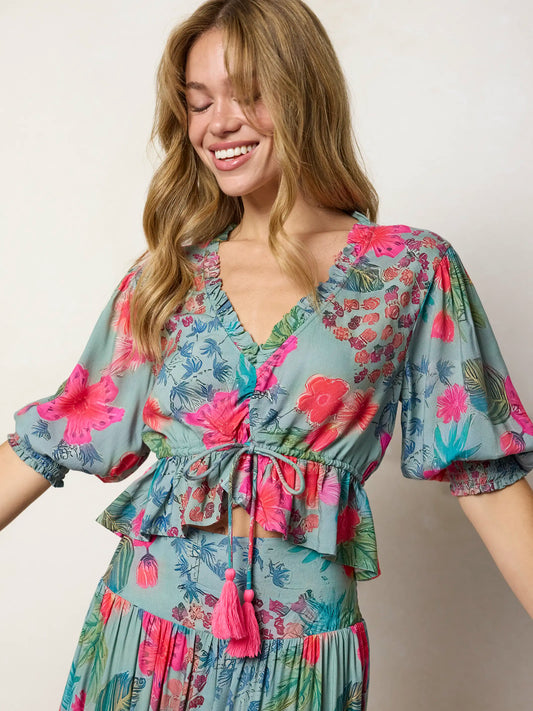 Elisa Ruffle Tie Top - Neon Tropical Floral
