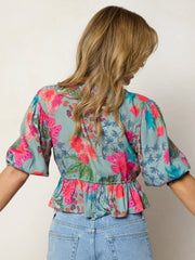 Elisa Ruffle Tie Top - Neon Tropical Floral