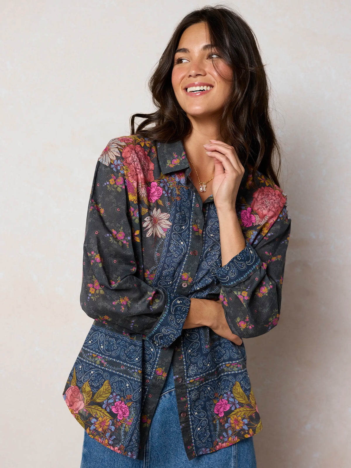 Barcelona Cotton Button Down - English Garden Charcoal