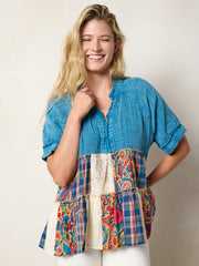 Ani Patchwork Top - Plaid Blue Fuchsia