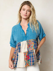 Ani Patchwork Top - Plaid Blue Fuchsia
