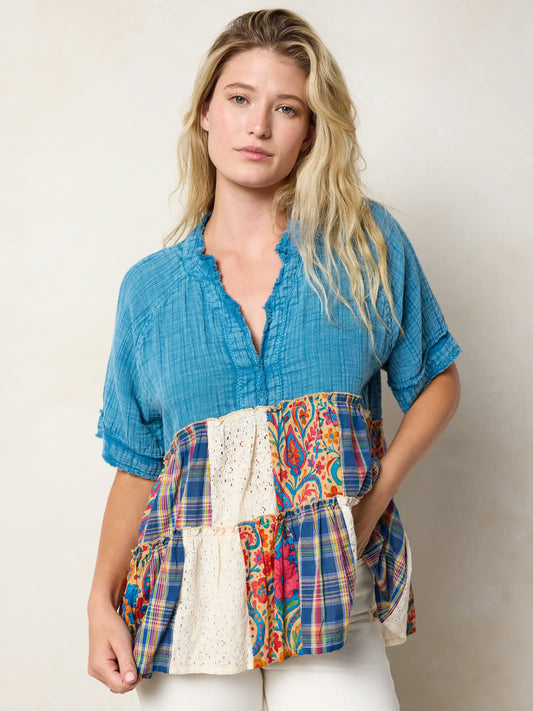 Ani Patchwork Top - Plaid Blue Fuchsia