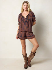 April Embroidered Cotton Top - Rust Gingham