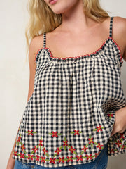 Harley Embroidered Cotton Top - Black Gingham