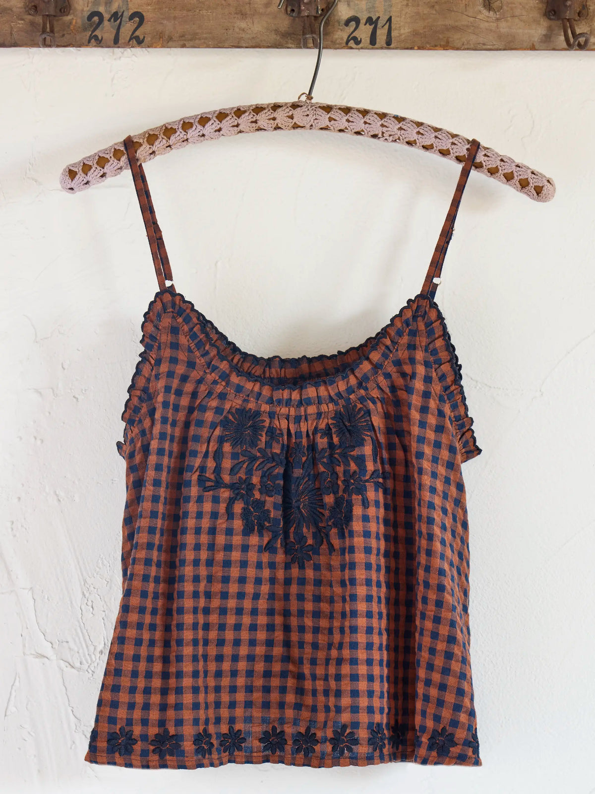 Harley Embroidered Cotton Top - Rust Gingham