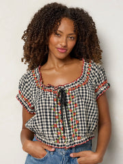 Cosi Embroidered Cotton Top - Black Gingham