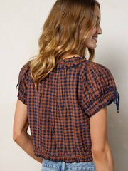Cosi Embroidered Cotton Top - Rust Gingham