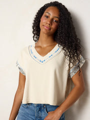 Embroidered Ribbed Boxy Tee - Ivory