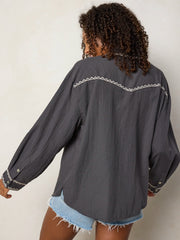 Round Top Embroidered Button Down - Charcoal