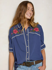 Round Top Embroidered Button Down - Indigo