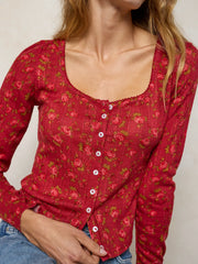 Pretty Pointelle Long Sleeve Top - Porto Ditsy Red