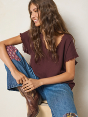 Raw Edge V-Neck Top - Brown