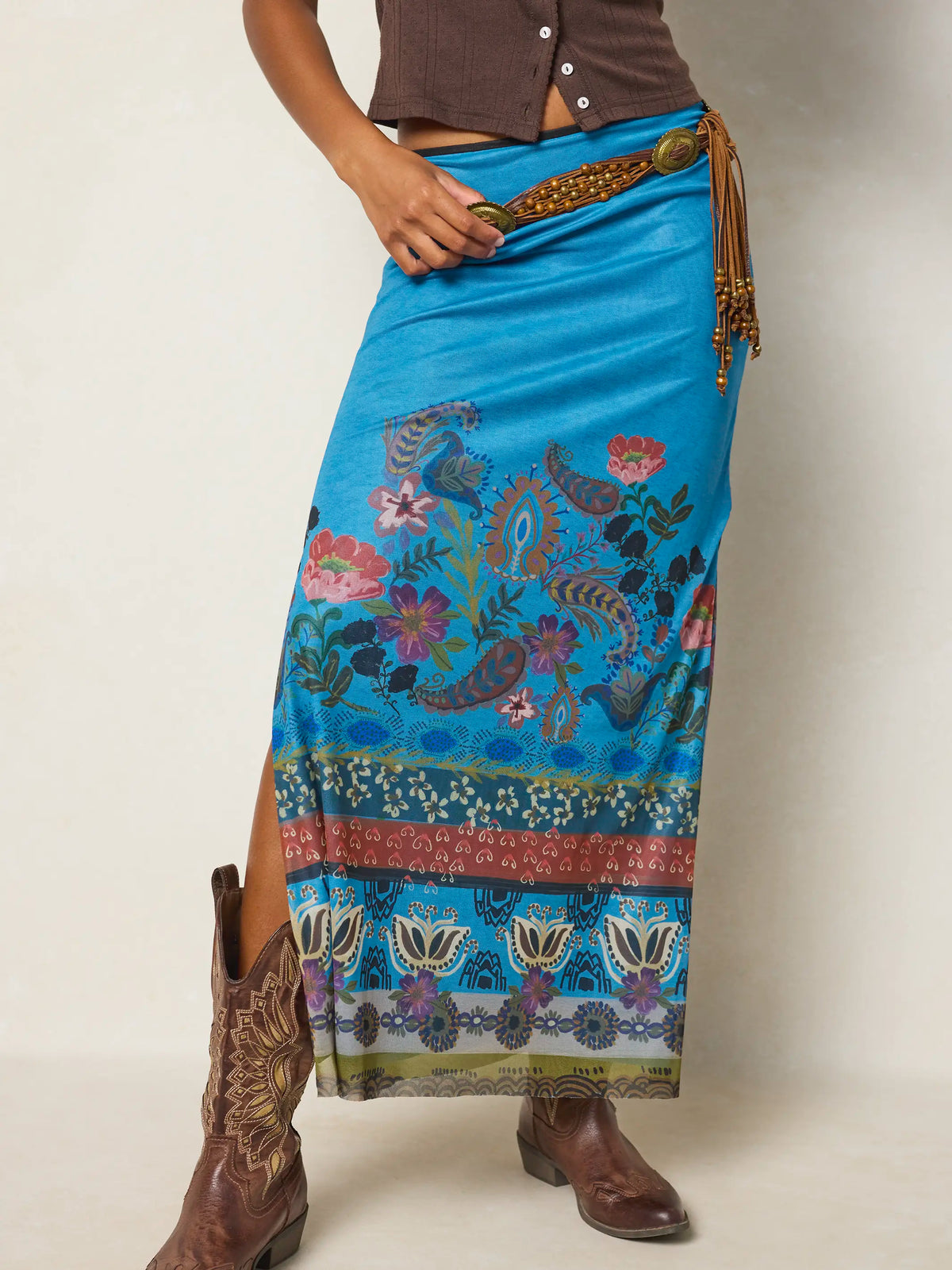 Allison Mesh Midi Skirt - Blue Folk Flower